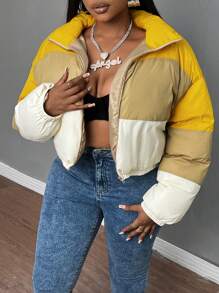 Slaydiva Plus Size Women's Daily & Casual & Streetwear Quilted Padded Coat With Shortened & Long Sleeve And Multi-Color Patchwork Design, Autumn/Winter - C