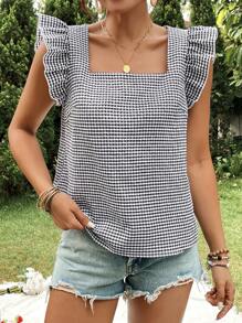 SHEIN VCAY Camisa de cuadros con mangas de gorra, escote cuadrado, ajuste regular para mujer, ideal para vacaciones