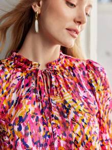MOTF PREMIUM ALLOVER PRINT FRILL TIE NECK LANTERN SLEEVE BLOUSE
