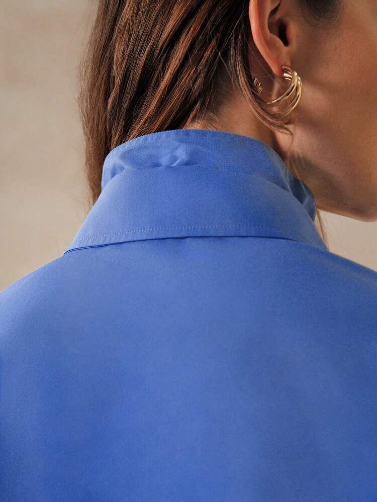 Casual Women's Blue Shirt With 3D Flower Decor For Daily & Commute
