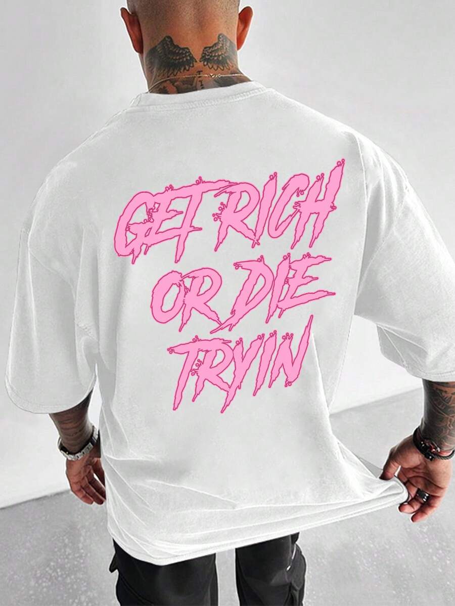 Men's Casual Slogan Print Short Sleeve Round Neck Slim Fit T-Shirt, Suitable For Commuting In Summer - White - View 1