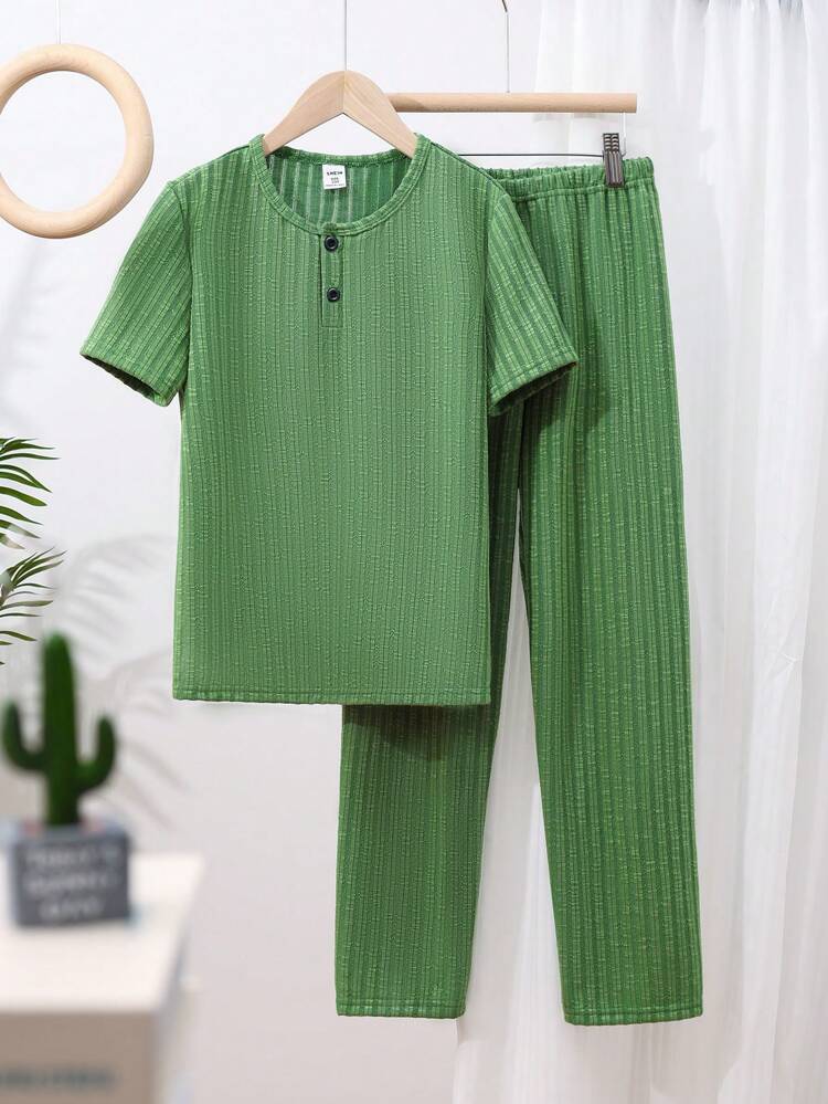 Tween Boy Green Solid Color Short Sleeve T-Shirt And Long Pants Two-Piece Homewear Set