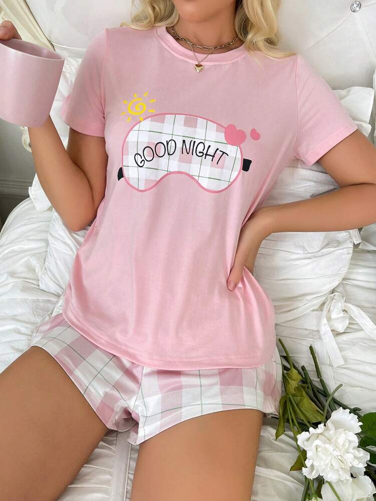 Women's Round Neck Printed Casual Short Sleeve T-Shirt And Plaid Shorts Pajama Set, Summer