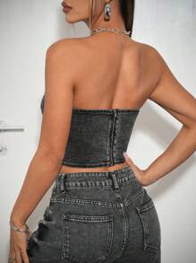 SHEIN ICON Áo denim ngắn nữ, áo ngực màu đen gợi cảm thường ngày - màu đen - Xem 2
