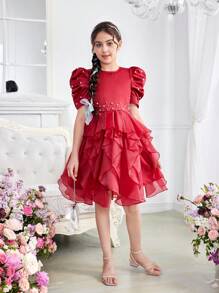SHEIN Knielanges Tween Mädchen Pullover Kleid mit Rüschen Saum und Rundhalsausschnitt mit hübschen Perlenverzierungen