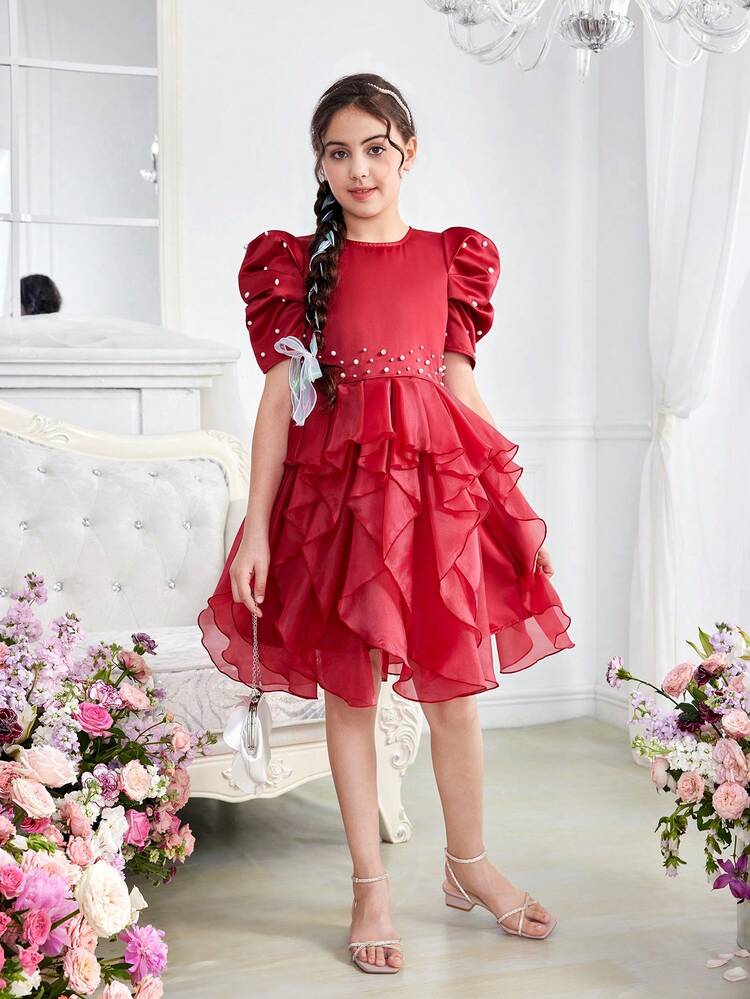 Tween Girl Lovely Pearl Decorated Round Neck Pullover Dress With Ruffle Hem, Knee Length