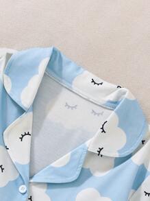 Tween Girls' Cute Cloud Print Short Sleeve Top And Shorts Homewear Set - Blue - View 3