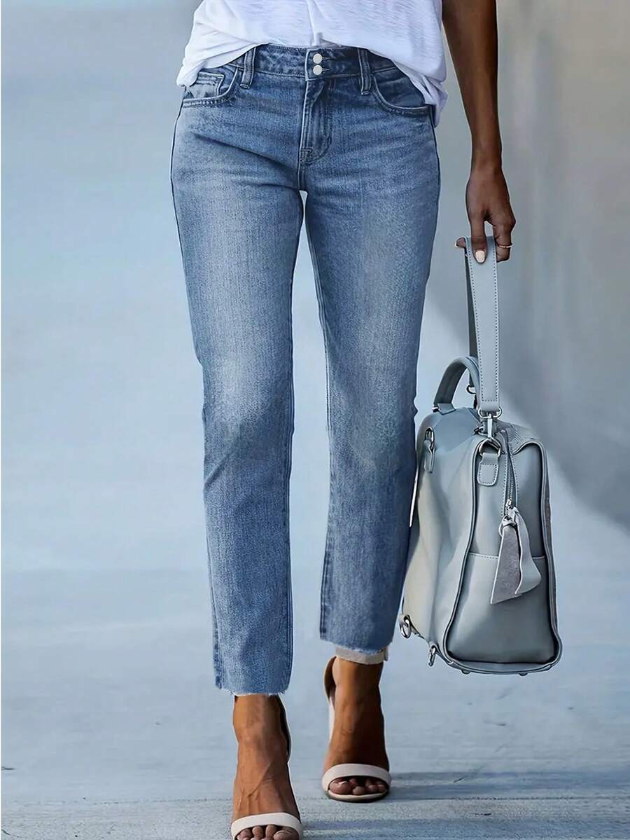 New All-Match Versatile Double-Breasted Denim Capri Pants