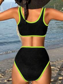 SHEIN Swim Women's Summer Beach Contrast Neon Trim Casual Bikini Set, Bathing Suit