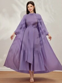 Al Najma 女性時尚純色優雅長裙和外套兩件套 - 紫色 - 查看 1