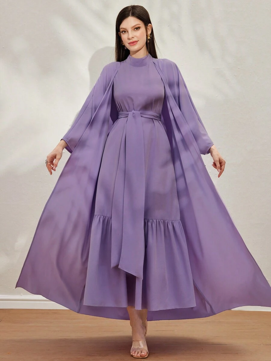 Al Najma 女性時尚純色優雅長裙和外套兩件套 - 紫色 - 查看 1