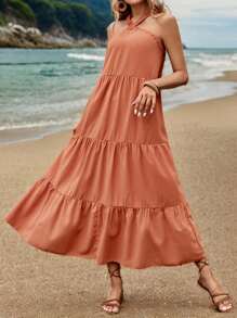 SHEIN LUNE Women's Fashionable Long Layered Halter Dress - Brown - View 3