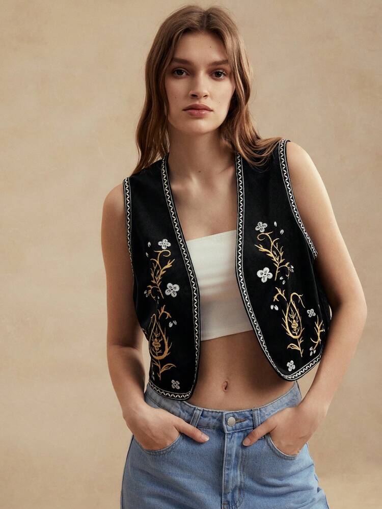 Women's Botanical Embroidery Open Front Vest Jacket