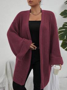 Calvaya Plus Size Casual Solid Color Loose Bell Sleeve Cardigan, Winter - Burgundy - View 3