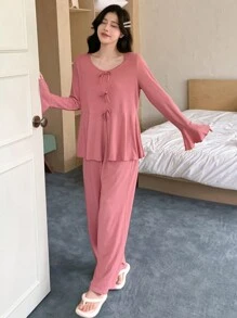 DAZY 针织蝴蝶结腰带荷叶边下摆长袖上衣和裤子家居服套装，秋季睡衣 - 粉色 - 查看 5