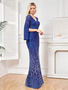 XUIBOL Split Sleeve Sequin Formal Dress - Royal Blue - View 7
