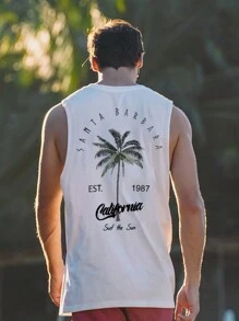 Camiseta de tirantes casual de cuello redondo con estampado de letras y palmeras para hombres en verano