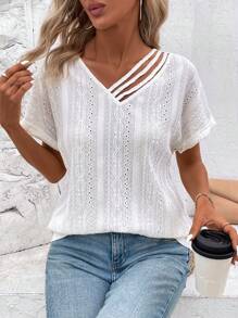 INAWLY Women's Short Sleeve Asymmetric Neckline Hollow Out Embroidered Solid Color T-Shirt