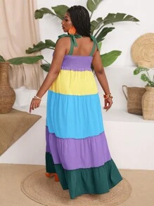 Slaydiva Robe ample grande taille avec patchwork multicolore décontracté de vacances avec bretelles pour femmes, robe longue d'été ample - Multicolore - Voir 2