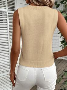 Breezaya Áo len không tay đơn giản màu trơn dành cho nữ, trang phục hàng ngày - Màu Khaki - Xem 2