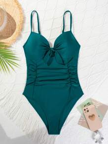 SHEIN Swim 女士夏日海灘加強型一片式泳衣，帶有鋼絲，可提升胸部 - 霧霾藍 - 查看 7