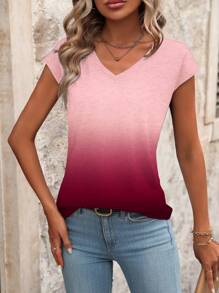 EMERY ROSE Women's Gradient Color Printed V-Neck Short Sleeve Casual T-Shirt, Summer For New Year Clothes Graphic Tees Women Tops - Red - View 4