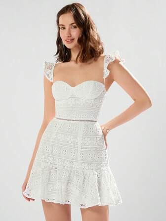 Enchnt 女士可爱假日白色优雅纯色蕾丝和水钻领口交叉后背系带腰无袖性感浪漫连衣裙，适合夏季