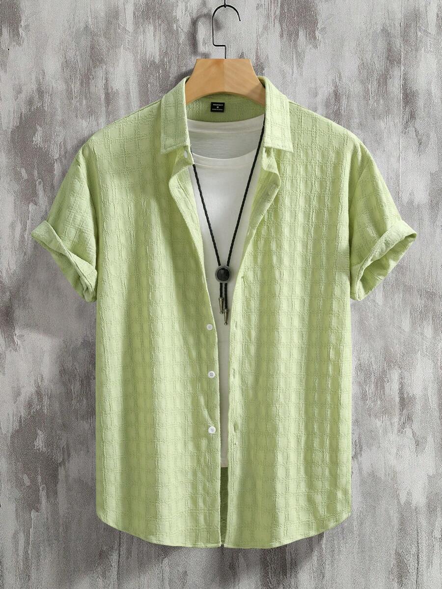 Manfinity Homme 男士純色短袖休閒襯衫，適合日常通勤和休閒，夏季適用