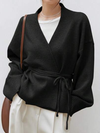 Dazy-Less Cardigan ceinturé à épaules tombantes, hauts à manches longues dans le style "Old Money" décontracté chic pour femmes