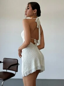 SHEIN EZwear Spring/Summer White Textured Halter Neck Backless A-Line Mini Dress - White - View 2