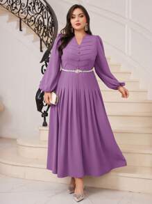 Modelyn 大尺碼簡約優雅圓燈籠袖褶皺連衣裙 - 紫色 - 查看 6