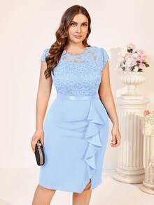 MIUSOL Plus Sheer Floral Lace Bodice Ruffle Draped Cocktail Party Split Hem Dress - Baby Blue - View 4