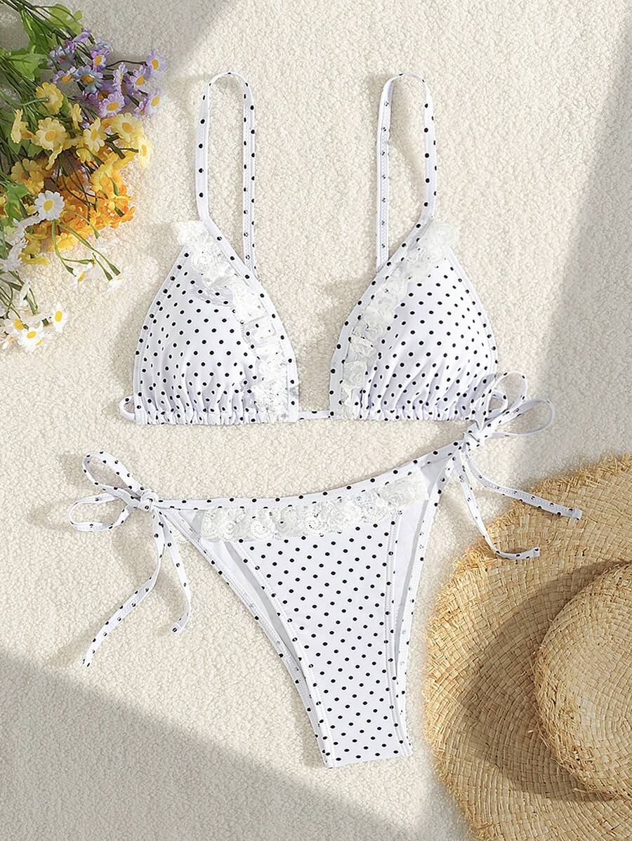 Swim Mod Women's Summer Beach Polka Dot Printed Ruffle Edge Sexy Bikini Set - White - View 1