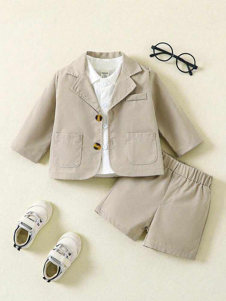 3pcs Baby Boys' Casual Short Sleeve Shirt, Big Pocket Blazer Jacket And Suit Shorts Set, Gentleman Clothes