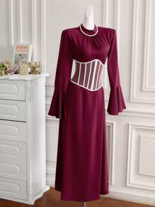 Modelyn Vestido árabe de manga larga elegante con cuello alto y bloqueo de color para mujer, vestidos largos de noche