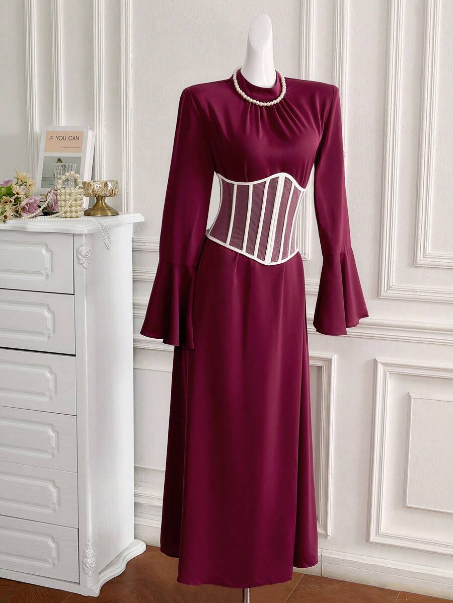 Modelyn 女士立领拼色优雅长袖阿拉伯连衣裙长款晚礼服 - 彩色 - 查看 1