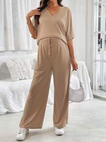 SHEIN Maternity Plain Simple Daily 2-Piece Outfit - Khaki - View 6