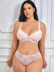 DesireSculpt Set de 2 sujetadores con aros y copas moldeadas, de encaje de pestañas y malla de color rosa, talla grande, lencería