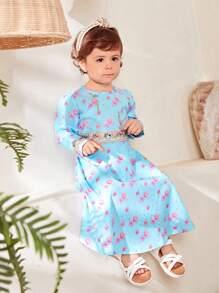 SHEIN Baby Girl Round Neck Long Sleeve  Flower Print Dress - Blue - View 3