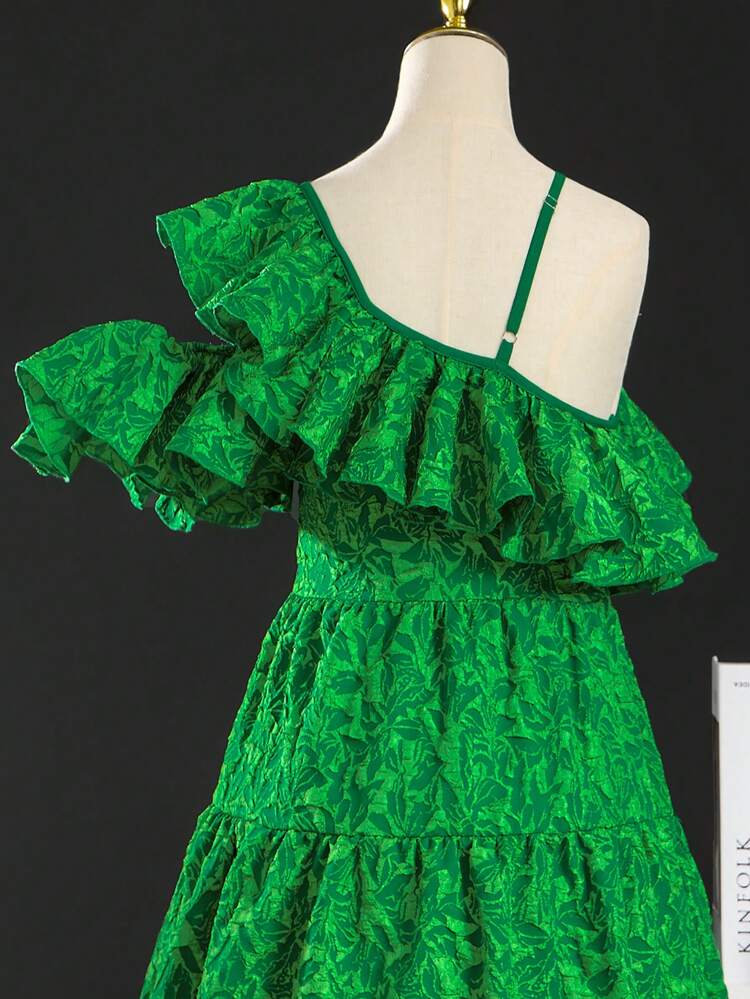 Teen Girls' One Shoulder Floral Jacquard Heavy A-Line Dress With Exaggerated Ruffle Trim For Wedding, Prom, Birthday Party