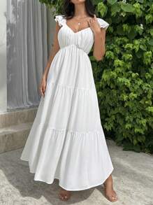 SHEIN Privé Vestido Longo de Decote em V de Manga Curta Branco para Mulheres, Vestidos Brancos, Vestido Longo Fluido, Vestido de Decote em V, Vestidos de Verão, Para Festas de Casamento de Verão, Festivais de Música, Temporada de Formatura, Férias, Formatura, Transporte, Encontros Românticos, Dia do Professor, Elegante - Branco - Visão 1