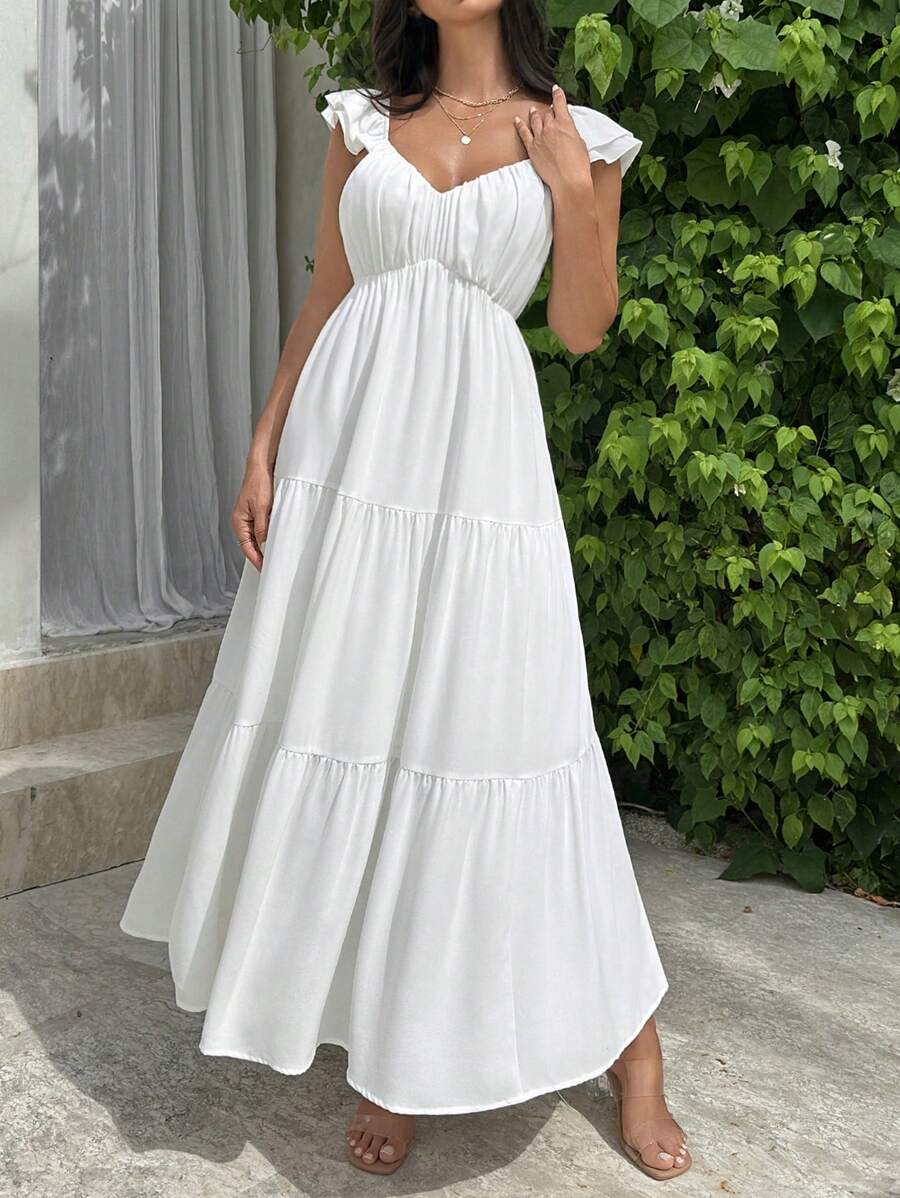 SHEIN Privé Vestido Longo de Decote em V de Manga Curta Branco para Mulheres, Vestidos Brancos, Vestido Longo Fluido, Vestido de Decote em V, Vestidos de Verão, Para Festas de Casamento de Verão, Festivais de Música, Temporada de Formatura, Férias, Formatura, Transporte, Encontros Românticos, Dia do Professor, Elegante - Branco - Visão 1