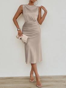 RosyDaze Vestido elegante de verano para mujer de unicolor con cintura fruncida, falda de cola de pez sin mangas, vestido maxi de satén para mujer