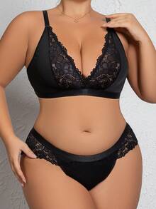 SHEIN Conjunto de ropa interior de encaje floral con diseño de parches para mujer de talla grande, que incluye un sostén y una braga - Negro - Ver 3