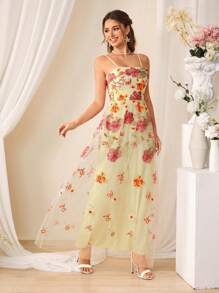 SHEIN Belle Đầm nữ có dây thêu thanh lịch - Màu vàng - Xem 3