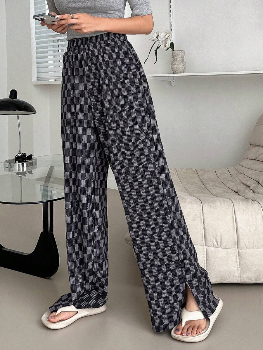FRIFUL Women's Checkerboard Printed Simple Daily Long Pants Plaid - Dark Grey - View 1