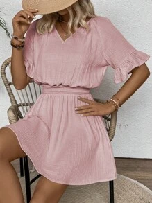 Chiquease 女士V領荷葉邊腰帶休閒夏裝連衣裙 - 粉色 - 查看 4