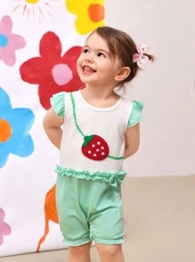 SHEIN Baby Girl Strawberry Embroidered Cap Sleeve Jumpsuit With Ruffled Sleeves, 2024 New Summer Collection, Cute And Comfortable Casual Wear - Mint Green - View 1