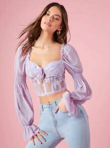 Enchnt 女款蕾絲拼接短版衫 - 淡紫色 - 查看 3