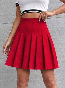 SHEIN Unity Falda miniatura plisada de color liso para ropa de Año Nuevo para mujeres - Rojo - Ver 5